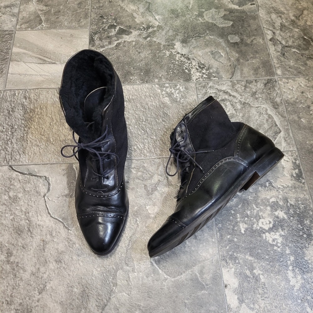 Vintage 90s Cole Haan Ankle Boots Black‎ Leather Suede Shearling Lace Up Brogue